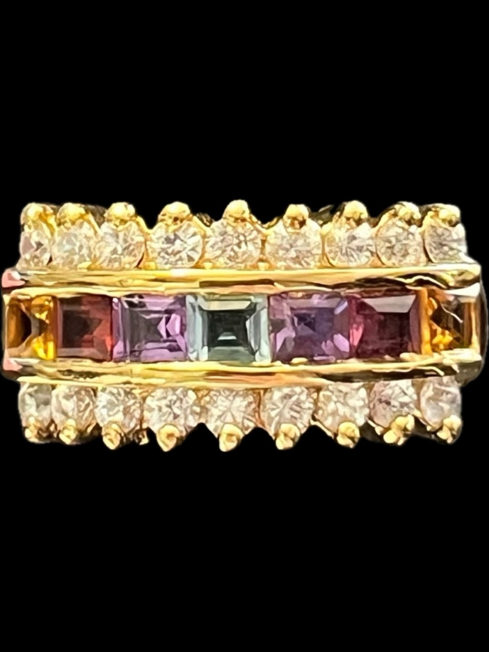 Suzanne Somers vintage princess cut citrine amethyst blue topaz Garnet band ring